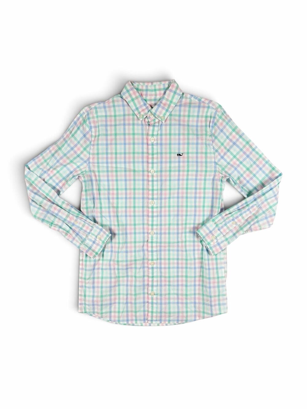 Vineyard Vines Boys Plaid Button Down Shirt Pastel Green Blue Pink 12-14